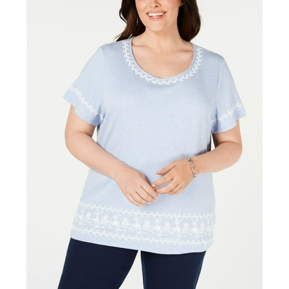 Karen Scott Women’s Embroidered Striped Short Sleeve Blouse, Blue, 2X