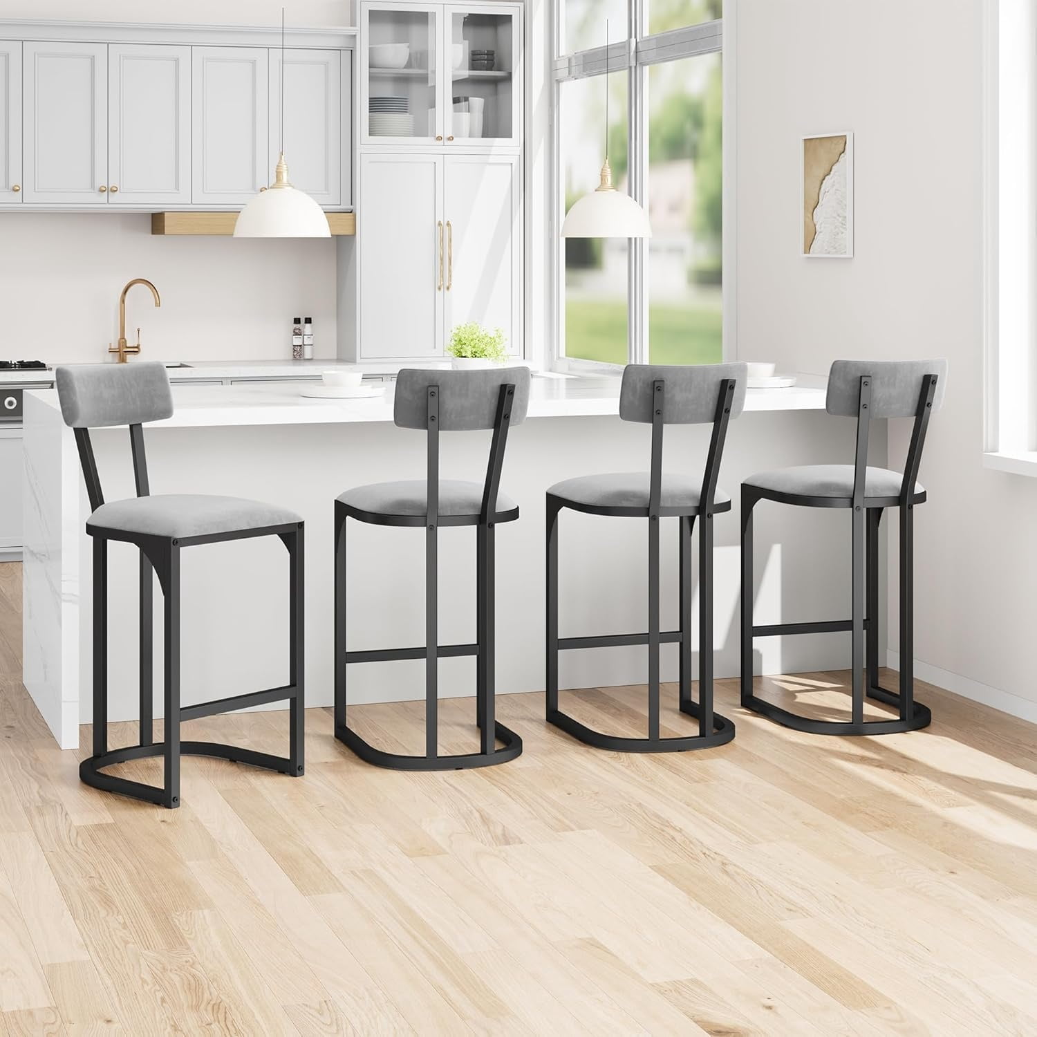 Home Bar Stools Set of 4, Counter Height Bar Stools, Curved Back with Metal Frame Island Chairs with Upholstered Modern Tall Barstools Counter Stools for Kitchen Dining Room