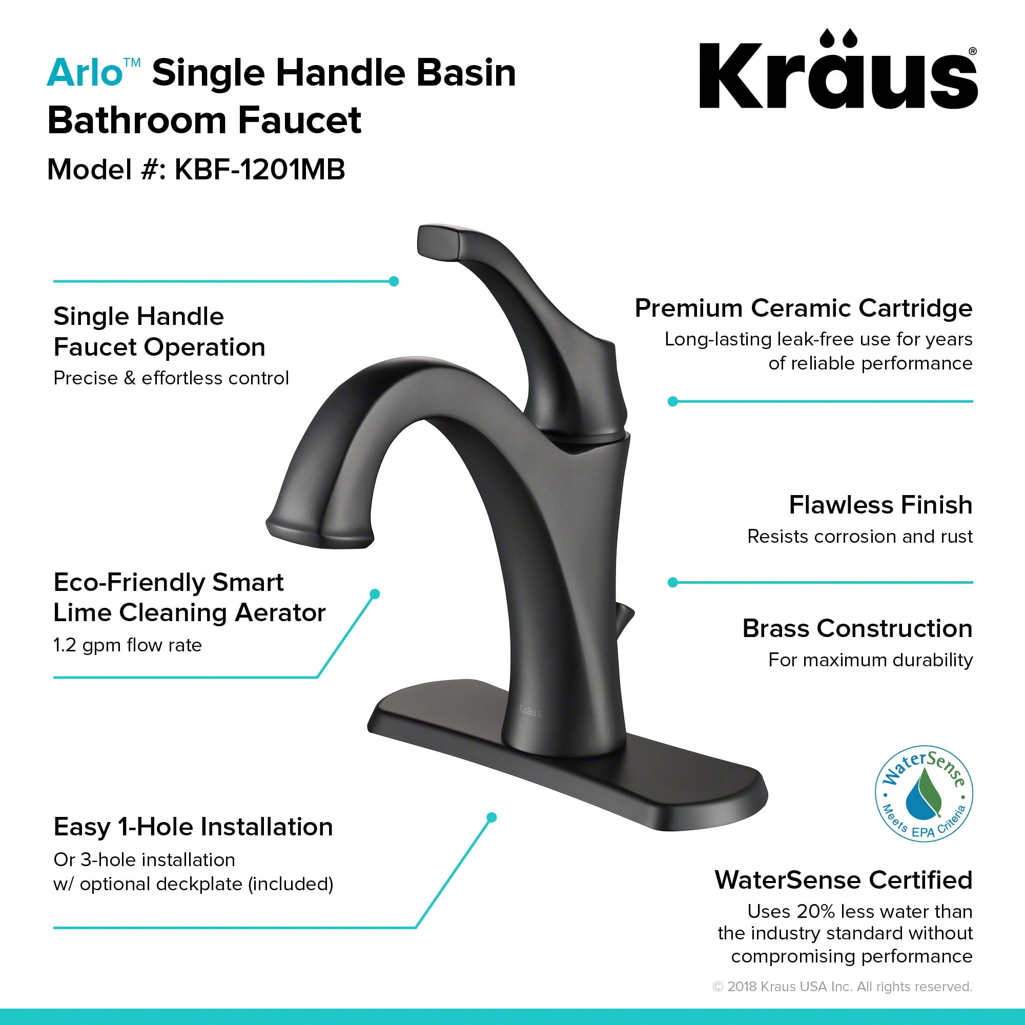 KRAUS Arlo Matte Black Single Handle Basin Bathroom Faucet with Lift Rod Drain and Deck Plate (2-Pack)