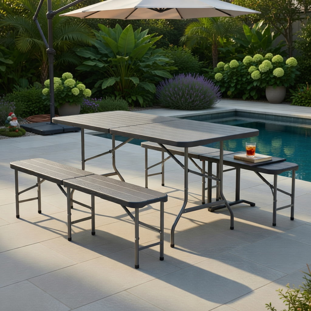 Hommoo 6-Foot Heavy-Duty Folding HDPE Picnic Bench, Compact Foldable Design with Locking Handle & Middle Safety Lock, Gray