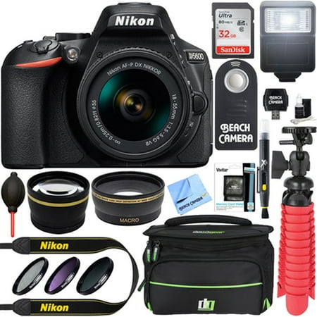 Nikon D5600 DSLR Camera + AF-S DX 18-55mm VR Lens Kit + Accessory Bundle 32GB SDHC Memory + SLR Photo Bag + Wide Angle Lens + 2x Telephoto Lens + Flash + Remote + Tripod + Filters