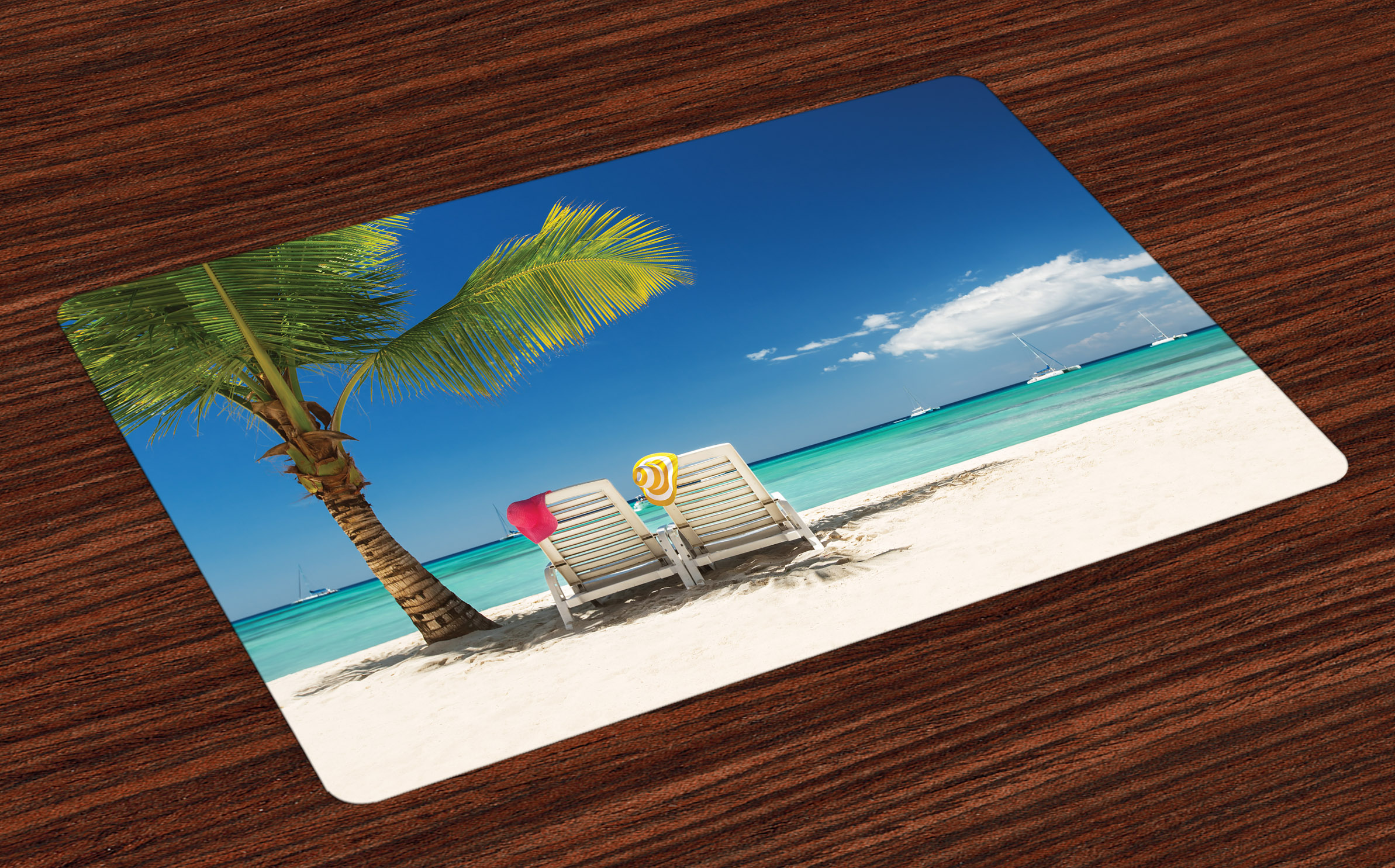 Seaside Placemats Set of 4 Relaxing Scene on Remote Beach with Palm