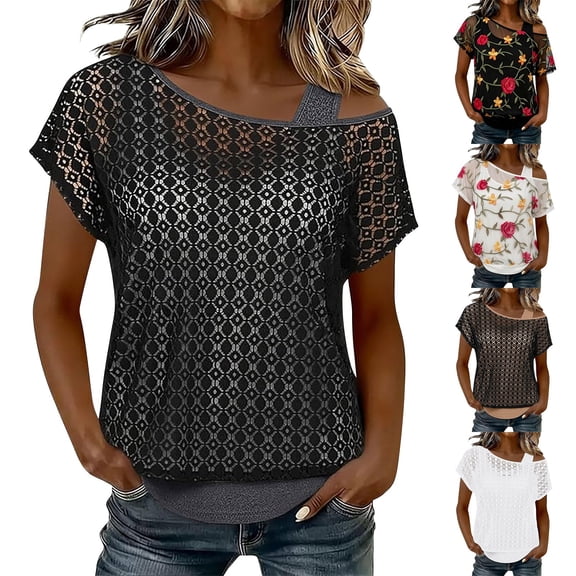 Delayuji Crochet Tops for Women Summer Short Sleeve Hollow Out Lace Swimsuit Cover Up Off Shoulder Beach Vacation Tops Daily Wear Clubwear Night Wear White M
