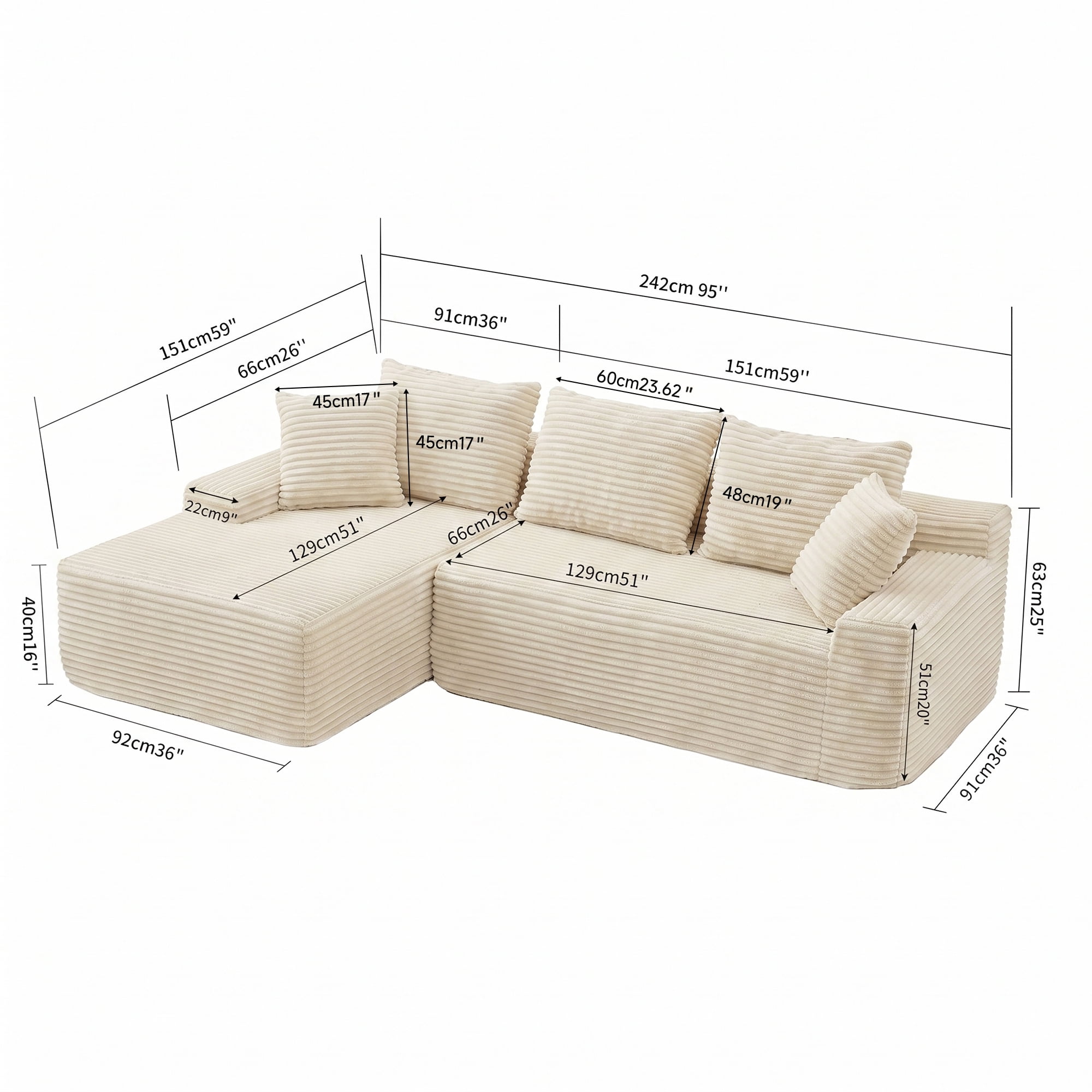 Leumius 95" Boneless Modular Sectional Sofa with Chaise,L-Shaped Comfy Corduroy Couch with Deep Seat,Upholstered Sectional Couch for Living Room, No Assembly,Beige