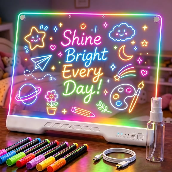 16 Inch LED Drawing Board for Kids, Rechargeable Glow Doodle Pad with Stand, 7 Colors 4 Light Modes, 6‑8H Battery Dry Erase Light‑Up Note Board, Screen‑Free Gift for Boys Girls Teens