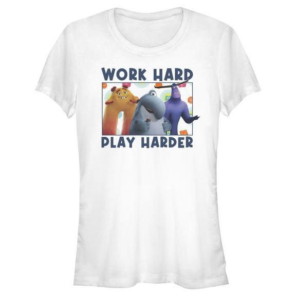 Junior's Monsters at Work Work Hard Play Harder  Graphic Tee White 2X Large