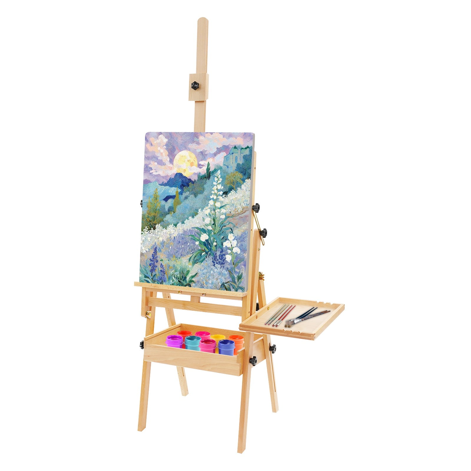 Foldable Beech Wood Easel Stand with Storage, Adjustable Height 59-72.4 inch Painting Holder for Canvas, Wood Color Art Studio Easel for Adults & Students
