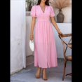 thumbnail image 4 of Vestido Midi Informal de Verano para Mujer, con Mangas Abullonadas, Escote en V, Fruncido, Botones Al Frente, Abertura, Estilo Bohemio, 2025 Rosa XL, 4 of 10