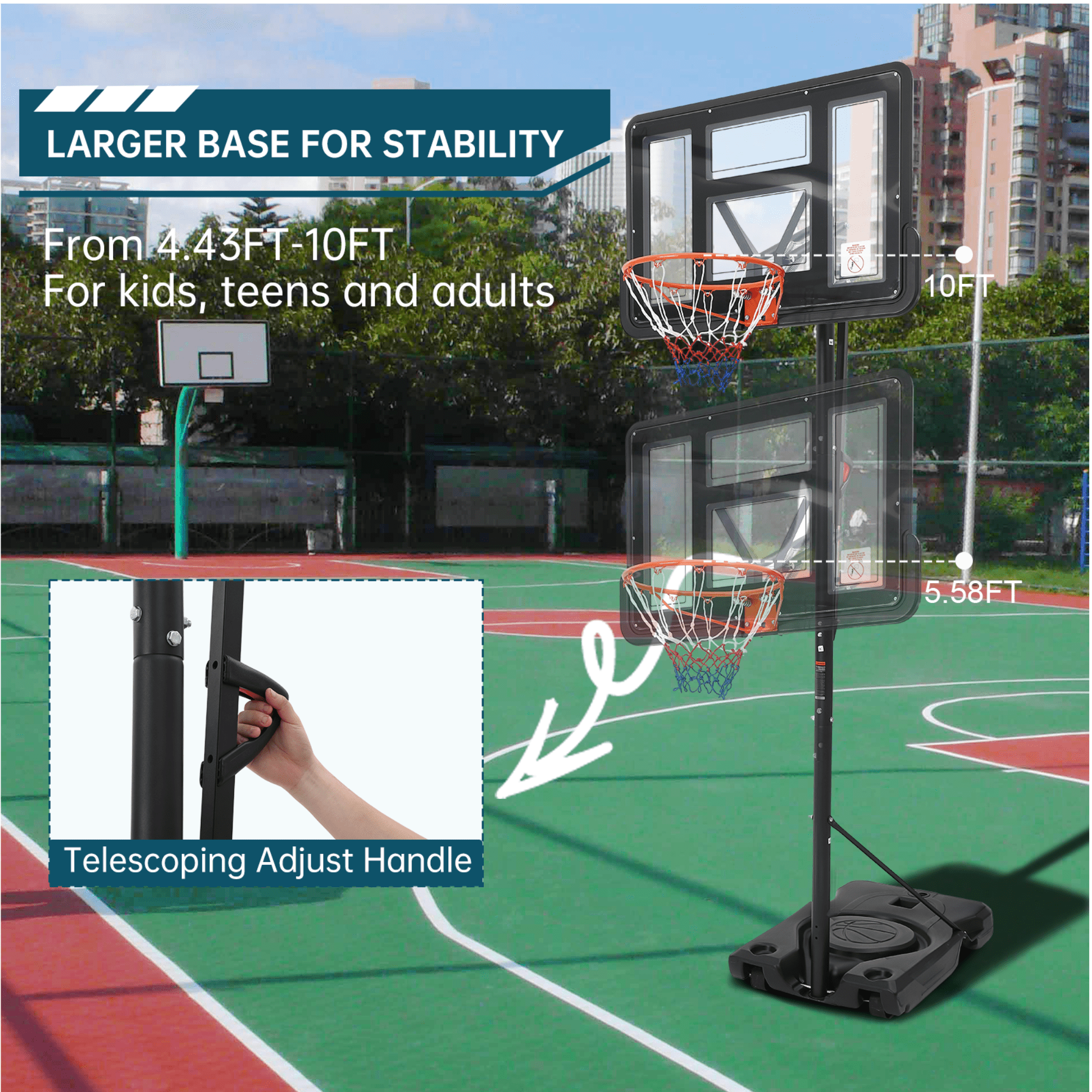 Height Adjustable Portable Basketball Hoop with Wheels & Basketball, Transparent Backboard Basketball Goal System for Kids Adults, Driveway Backyard