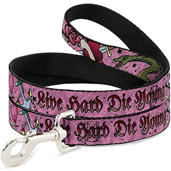 Buckle-Down DL-W31208-N Narrow 0.5" Live Hard Die Young Pink Dog Leash