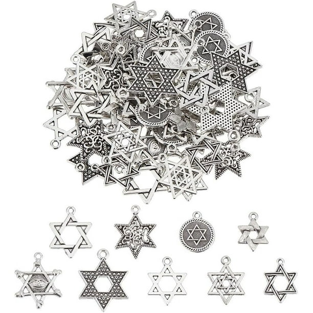 1 caja de 72 piezas, 9 estilos de amuletos de la Estrella de David, dije de estrella Magen David, hexagrama de plata tibetana, colgantes de la suerte de seis puntas.