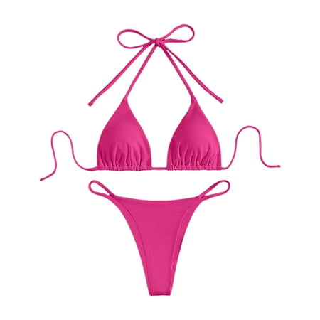Jdkau Bikini Sets for Women Two Piece Triangle Bikini Set Sexy High Waisted Cheeky Swimsuit Halter Tie Back Bathing SuitsHot Pink S