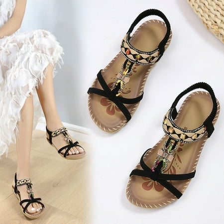 

Fjofpr Shoes Bohemian Flat Flower Rhinestone Sandals Outer Beach Sandals Hot