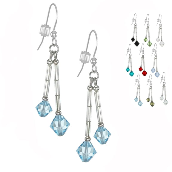One Pair Austrian Crystal Bicone and Glass Dangle Earrings with Sterling Silver Earwires - Aquamarine