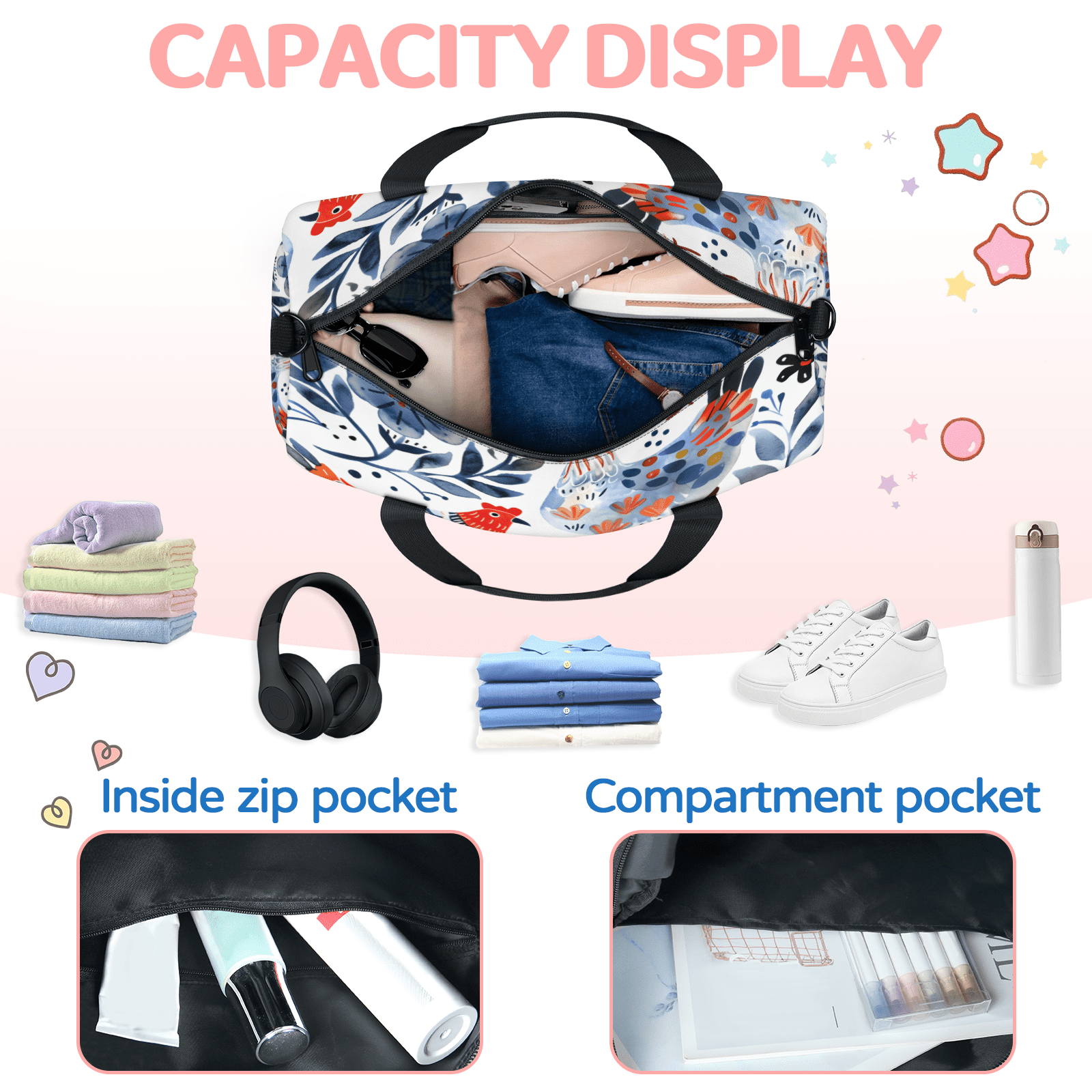 Herdesigns Cute Chicken Gym Bag for Women, Duffle Bag for Travel Sport, Lightweight Waterproof Carry on Weekender Overnight Dance Yoga Workout Bags