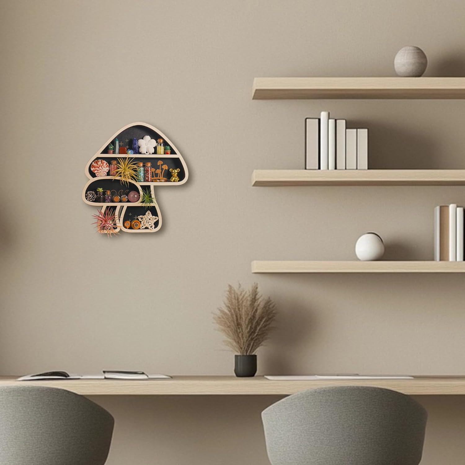 Cute Mushroom Decor, Wooden Floating Mushroom Shelf for Wall, Display Shelf Rock Gem Stone Display Shelf Wall Mounted
