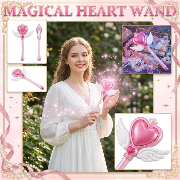 3D Heart Shaped Wand Fairy Princess Stick for Girls, Valentine's Day Decorations and Gifts, Birthday Party Favors, Dress Up Accessories for Clothes Fun, A