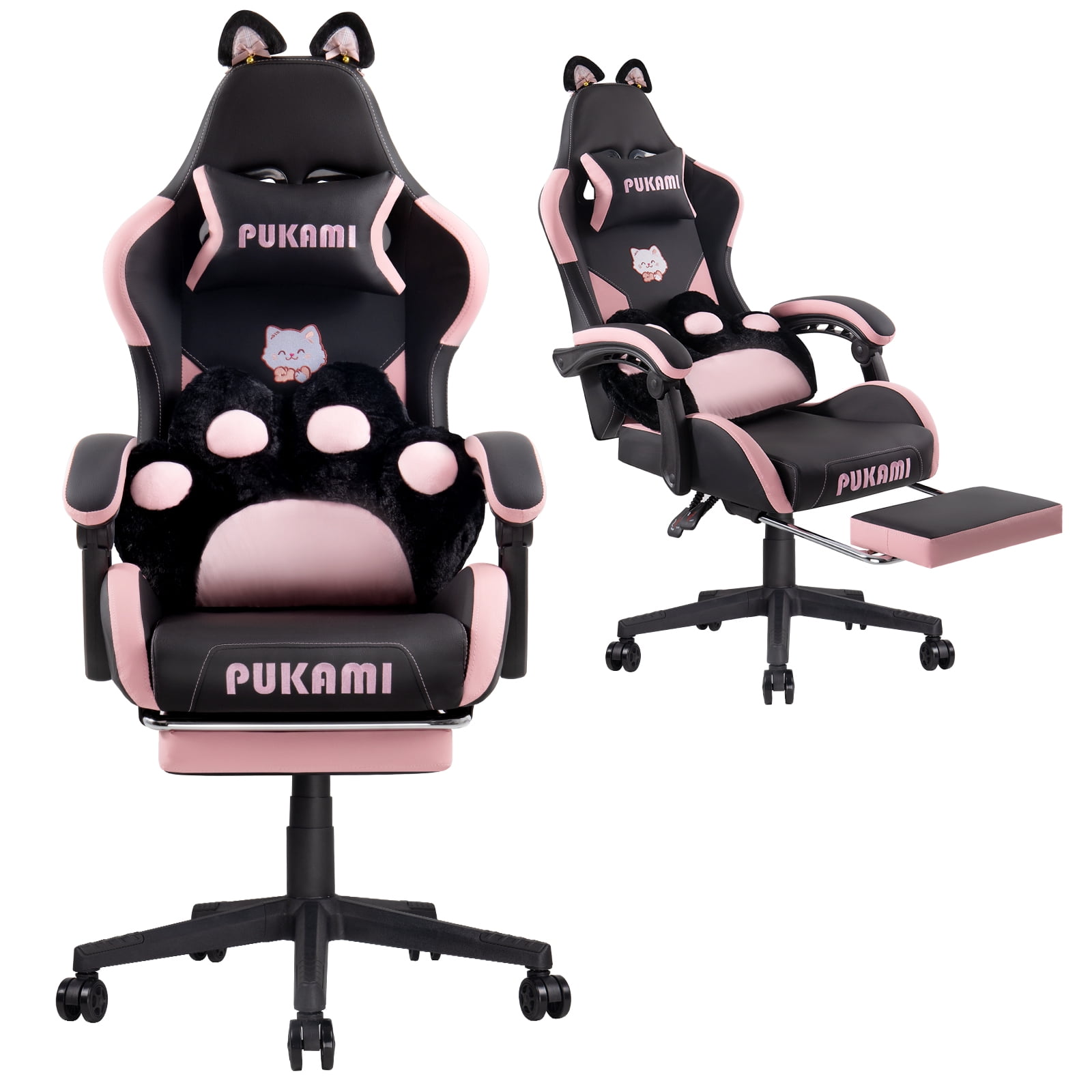 Waleaf Pink Gaming Chair with Cat Paw Lumbar Cushion and Cat Ears for Girls, Reclining Office Computer Chair with Footrest for Adults, Teens