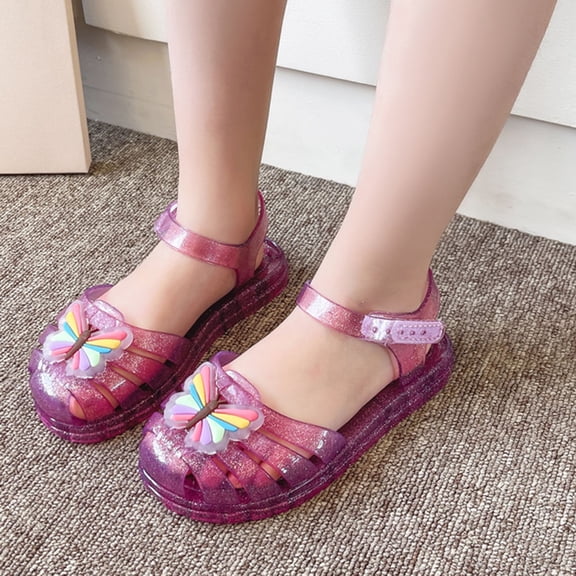 BRGZLK Summer Sandals for Girls 2026 Cute Rainbow Butterfly Crystal Jelly Shoes Soft Sole Lightweight Comfortable Princess Sandals for Daily Wear Purple 6.5-7 Years