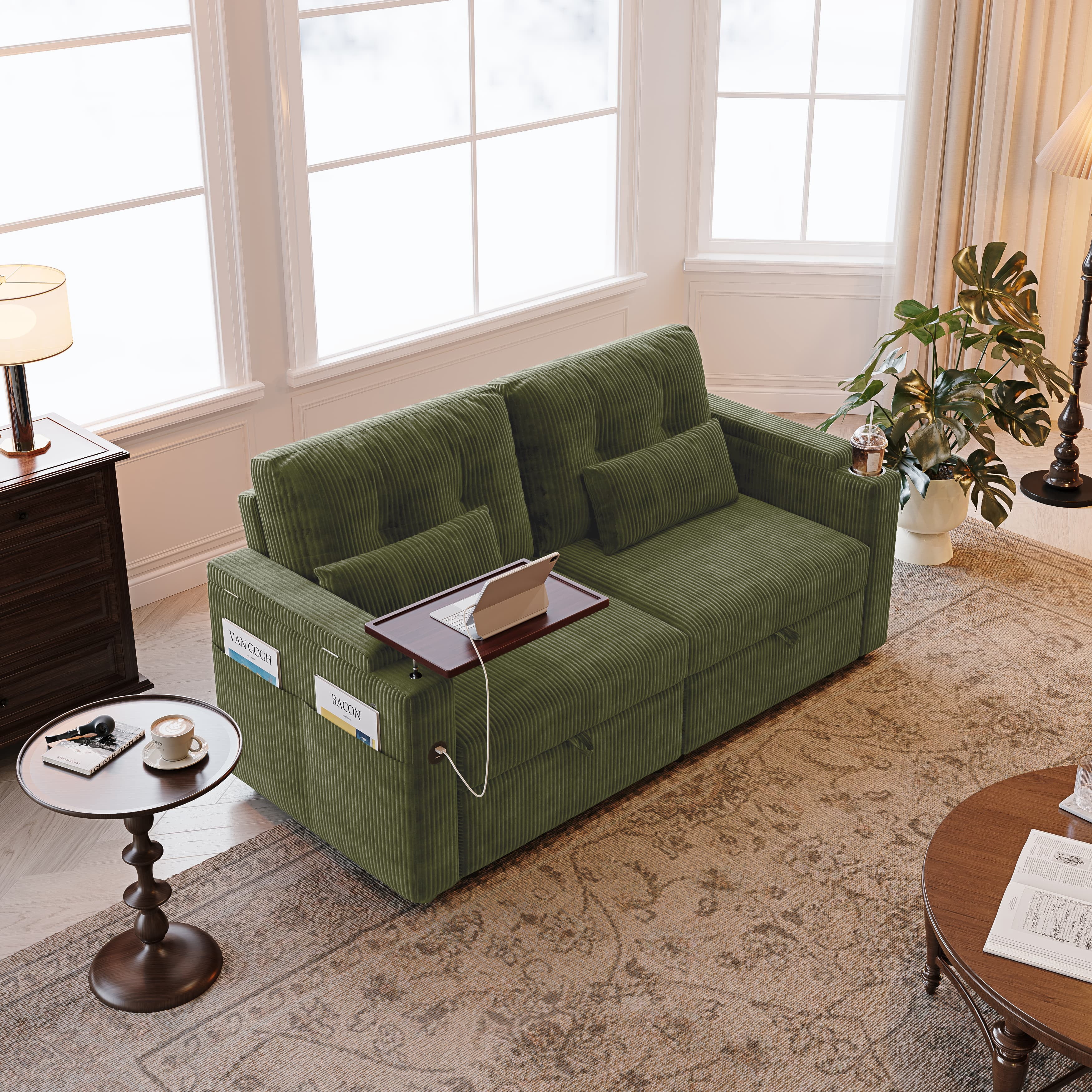 Aukfa 73" 3-in-1 Convertible Sleeper Sofa Bed, Corduroy Pull-Out Couch with 360° Swivel Side Table, USB Ports & Storage Armrests, Oversized Queen, Green