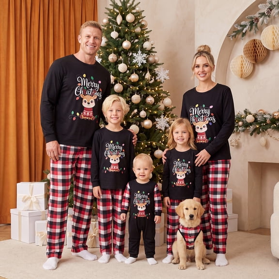 Christmas Family Pajamas Matching Set Elk Print Plaid Pajamas Sleepwear Pjs with Dog