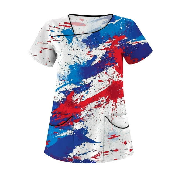 Scrubs For Women Plus Size, 4Th Of July Scrub Tops Size Skew Collar Short Sleeve Workwear With Double Layer Pockets Red White And Royal Blue American Flag Top Scrubs Outfits (L, Blue) ZMTing