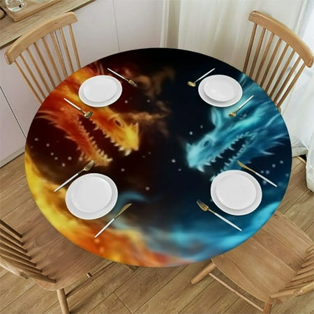 

Abstract Blue and Red Fire Dragon Round Fitted Tablecloth with Elastic Edge Waterproof Wipeable Round