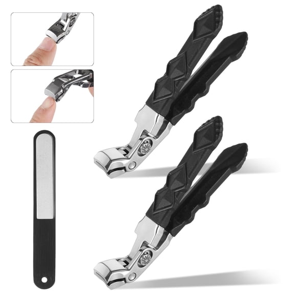 3 PCS Angled Nail Clipper Set, Arched Wide Mouth Stainless Steel Toenail Clipper with File, Anti-Slip Handle, Thick Nail Trimmer for Seniors, Fingernail & Toenail Care for Home & Travel