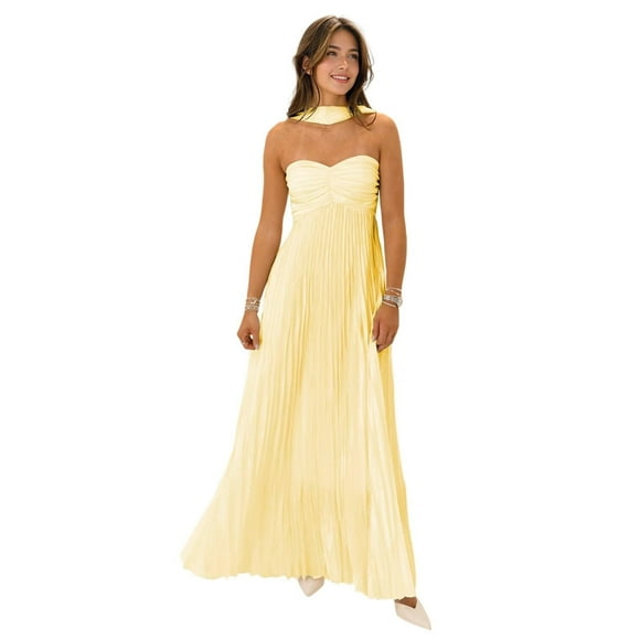 Vestido de dama de honor Inkomise de gasa plisada amarillo con bufanda