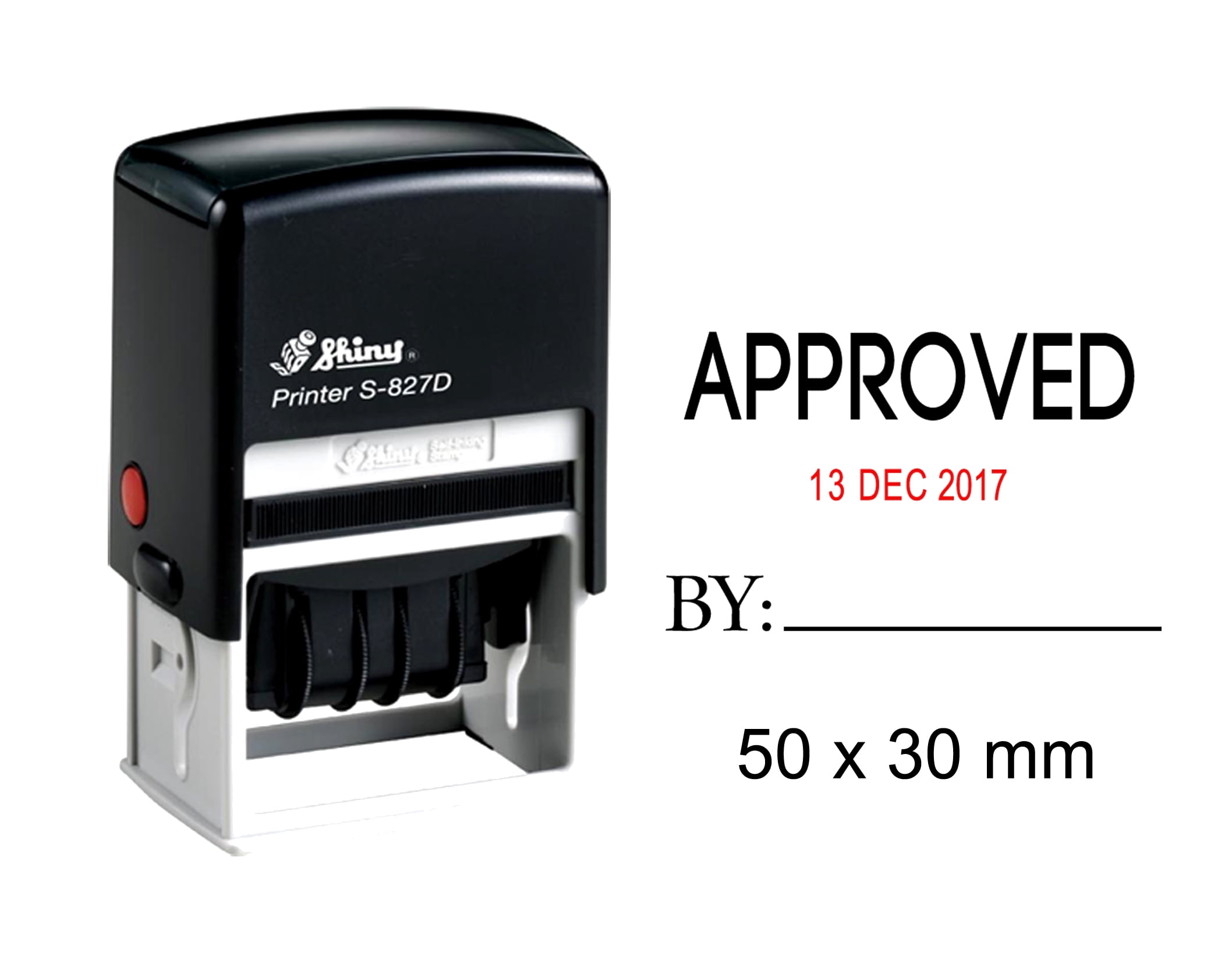 Shiny Self-Inking Date Stamper S-827D With 'Approved By' Text - Blue & Red Ink, Re-inkable Office Stamp