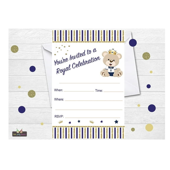 Royal Prince Invitations 12 pcs, for Bear Baby Shower, Little Blue Birthday Parties, Any Occasion 4x6