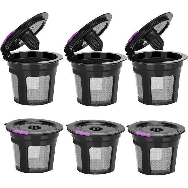 k cup reutilizable, filtro de café reutilizable k cup rellenable para keurig 2.0 1.0 sin bpa - paquete de 6 negro Seis filtros K-Cup reutilizables negros, tres con tapa abierta y tres cerradas, cuerpo cónico con malla metálica visible y lengüeta morada en las tapas, sobre fondo blanco; a menudo se usan como alternativa reutilizable para cápsulas desechables.