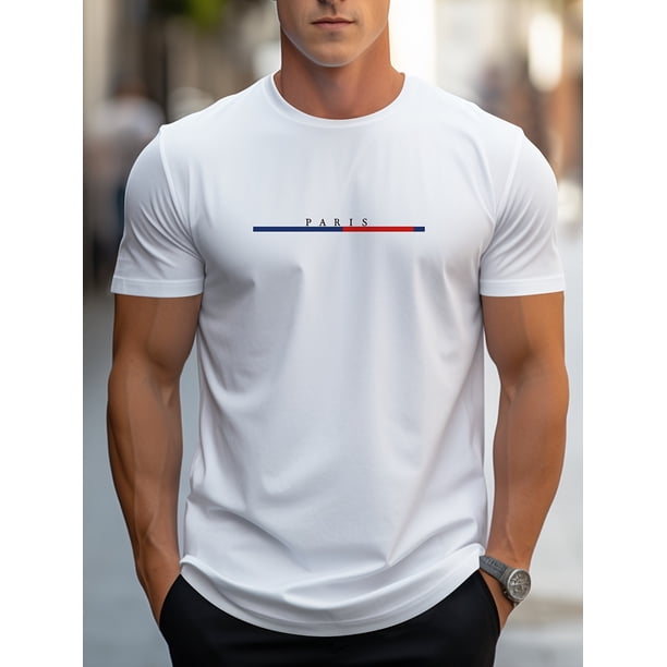 Camiseta moderna con estampado inspirado en la bandera de París para hombre. Cuello redondo informal, mezcla transpirable, lavable a máquina. Perfecta para verano, hombros descubiertos, camisetas y ca