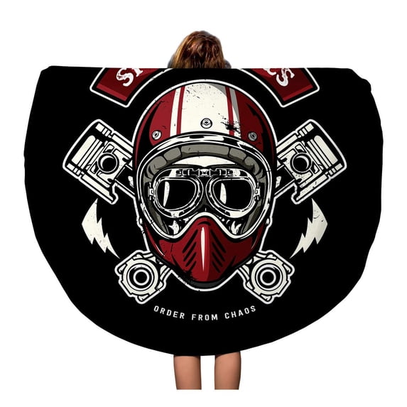 KDAGR 60 inch Round Beach Towel Blanket Motorcycle Skull of Biker in is Easy to Remove Travel Circle Circular Towels Mat Tapestry Beach Throw