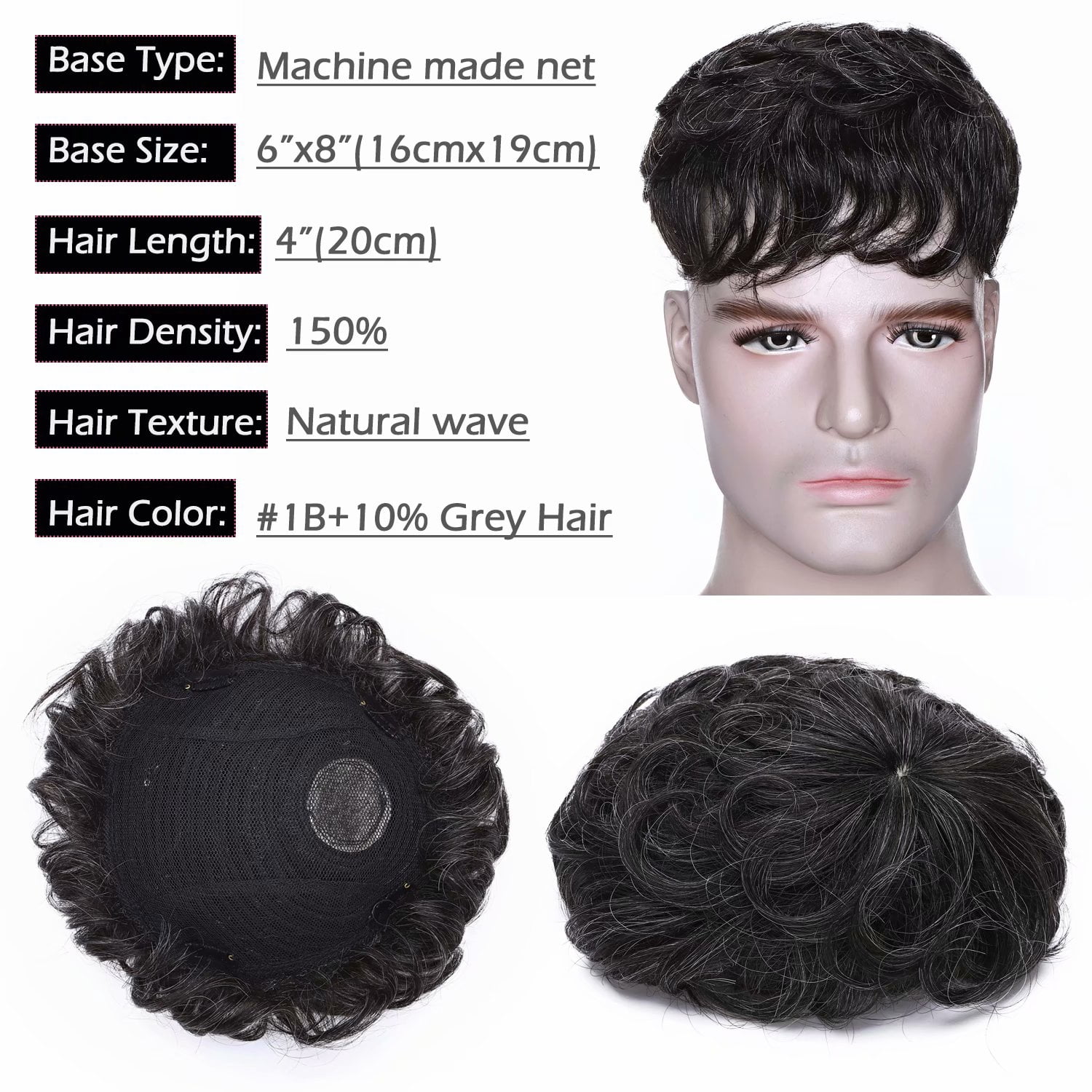 Benehair Mens Hair Loss Hair Wigs 100% Human Hair Toupee 100% Remy Human Hair Extensions Hairpiece Clip In 4" Grey US