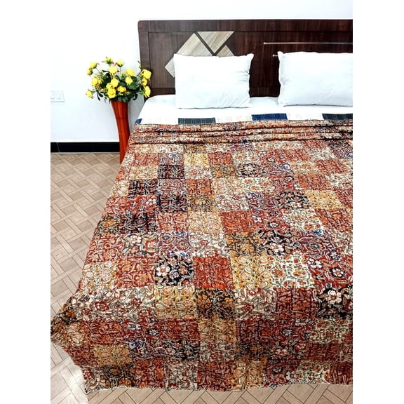 Handblock Print Kantha Quilt Floral Patchwork Indian Bedding, Handmade Cotton Bedspread, Lightweight Boho Quilt Throw for Bedroom & Home Décor, 60x90 Inch