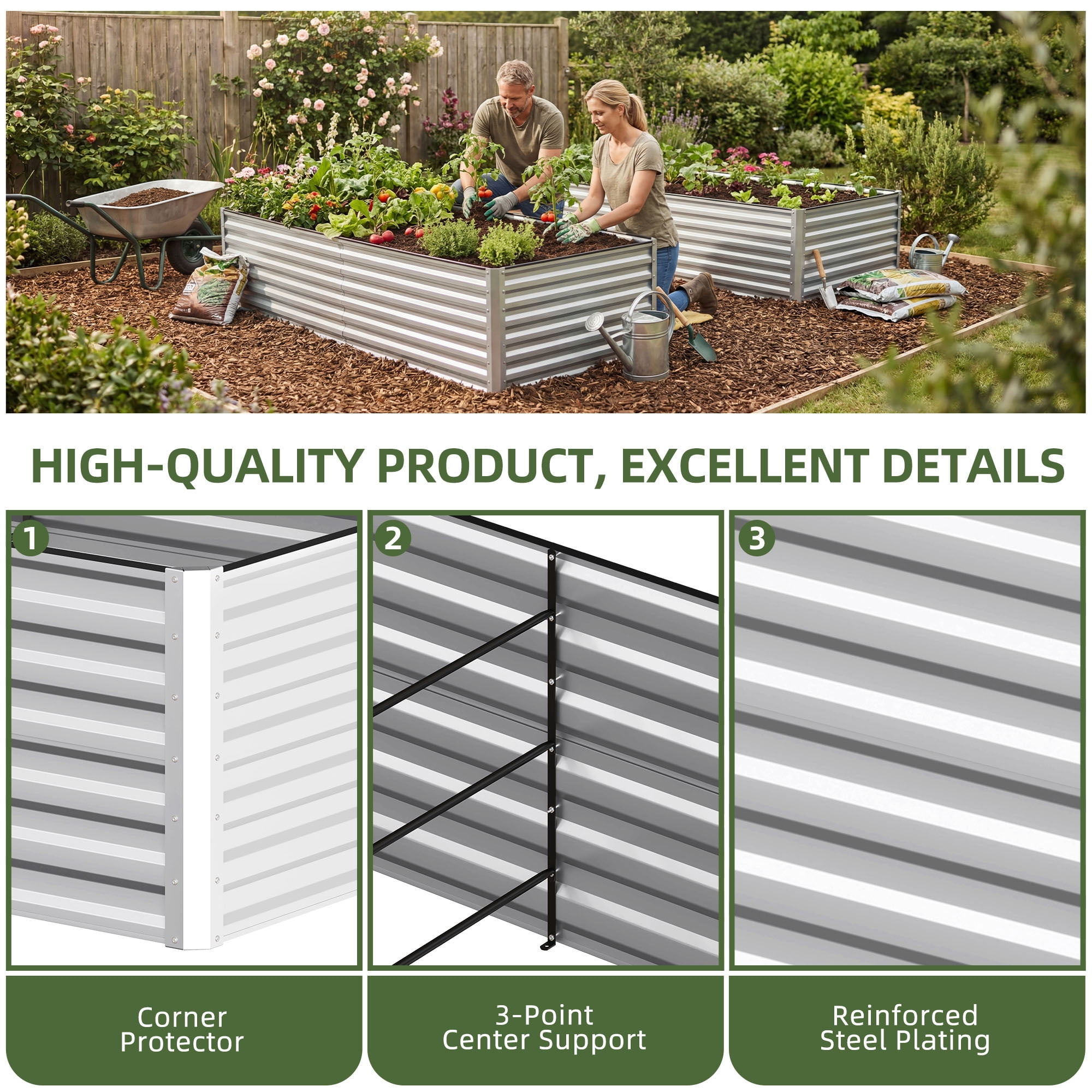 Uforic 8x4x2ft 2pcs Raised Garden Bed Kit, Galvanized Metal Planter with Gloves & Ground Nails, Silver
