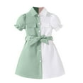 thumbnail image 3 of Jinhomg Little Girl Dresses 2025 Trendy Color Block Shirt Dress Soft Comfy Puff Sleeve Button Down Cotton Midi Dresses with Bowknot Holiday Saving Green 4 Years, 3 of 5