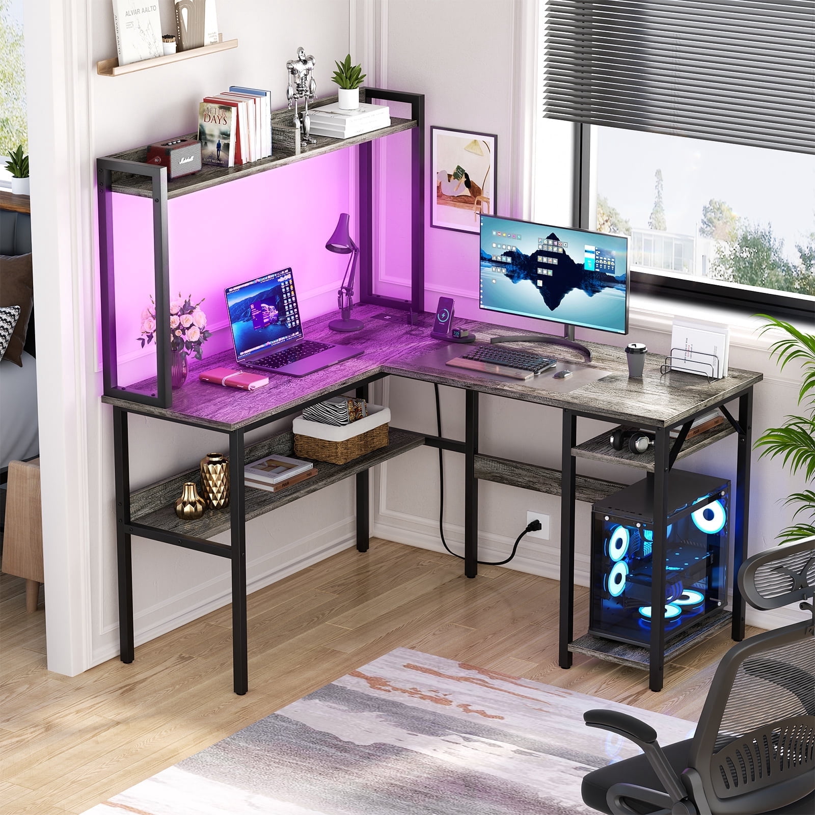 Homieasy L Shaped Gaming Desk with LED Strip and Power Outlets, Reversible L-Shaped Computer Desk with Storage Shelves, Corner Desk with Hutch, 2 Person Home Office Desk, Black Oak