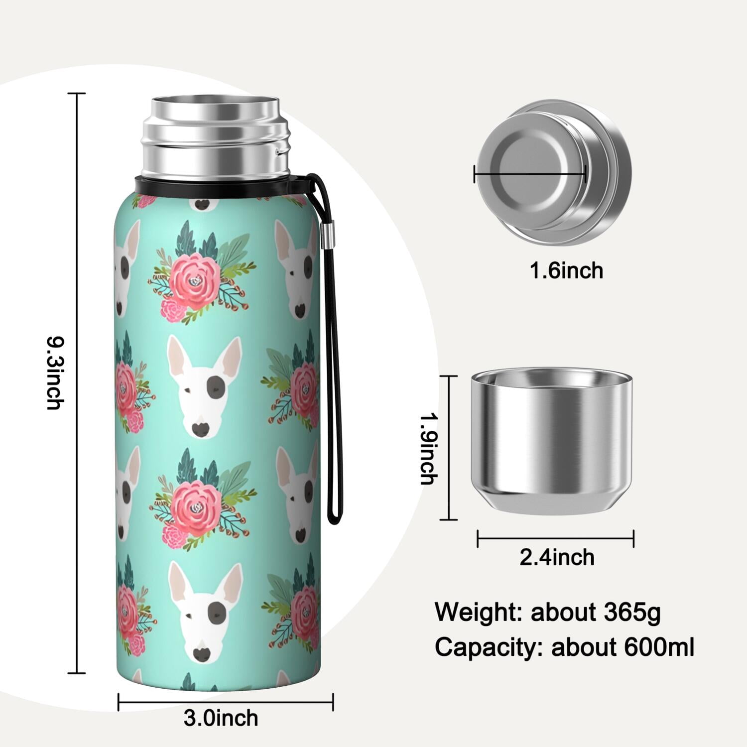 20 Oz Bull Terrier Dog and Flower Florals Coffee Tumbler Double Wall Insulated Stainless Steel Water Bottle | Metal Reusable Thermoses Flask with Cup Cap | Leak & Sweat Proof with Anti-Dust Lid