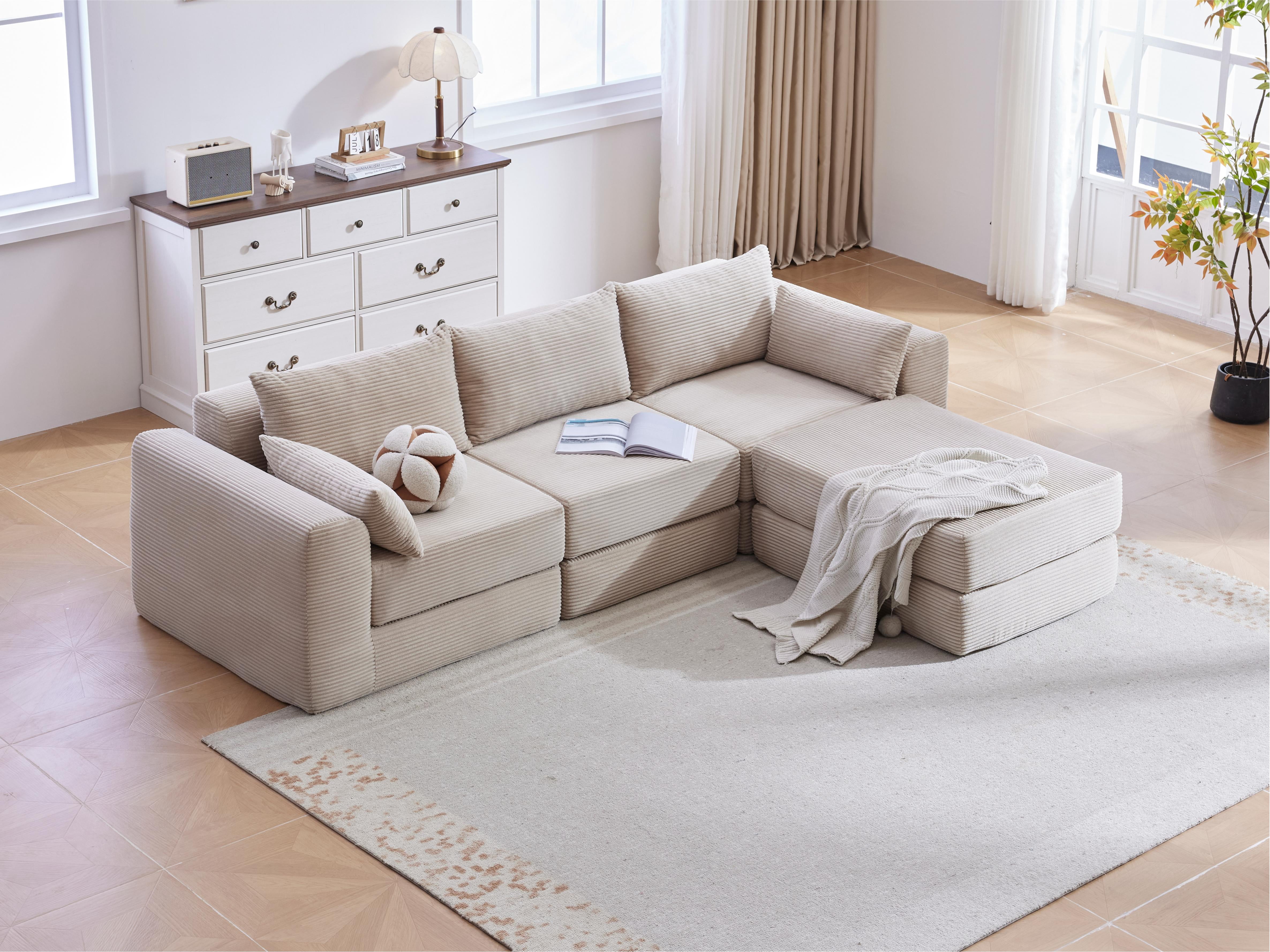 100-Inch L-Shaped Modular Sectional Sofa Couch Set with 5 Pillows, Corduroy Convertible Floor Sofa with High-Density Spring Foam for Living Room Apartment, Camel