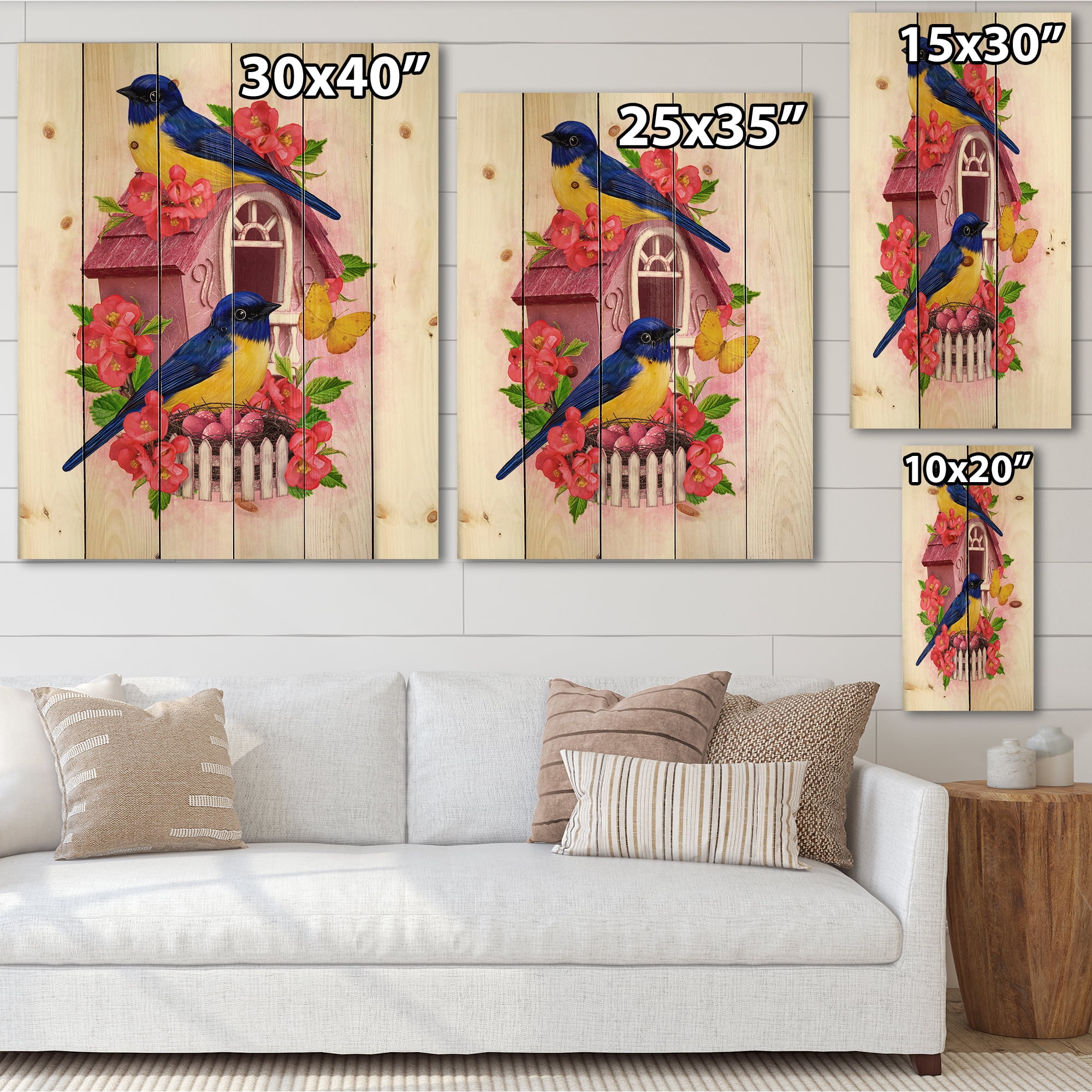 Designart 'Two Yellow and Blue Tit Birds Sitting Near The Nest' Traditional Print on Natural Pine Wood