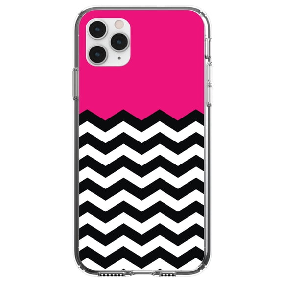 DistinctInk Clear Shockproof Hybrid Case for iPhone 11 Pro (5.8" Screen) - TPU Bumper, Acrylic Back, Tempered Glass Screen Protector - Black White Hot Pink Chevron - Black & White Stripes Pattern
