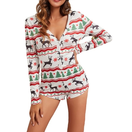 

JBEELATE Women Christmas Printed Pattern Red Pajamas Long Sleeve Bodycon Slim Playsuit Red Sleepwear