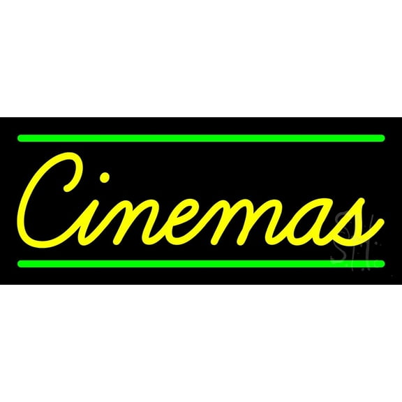 Cinemas With Green Line LED Neon Sign 10" Tall x 24" Wide - inches Black Square Cut Acrylic Backing, with Dimmer - Premium built indoor Sign for Cinema.