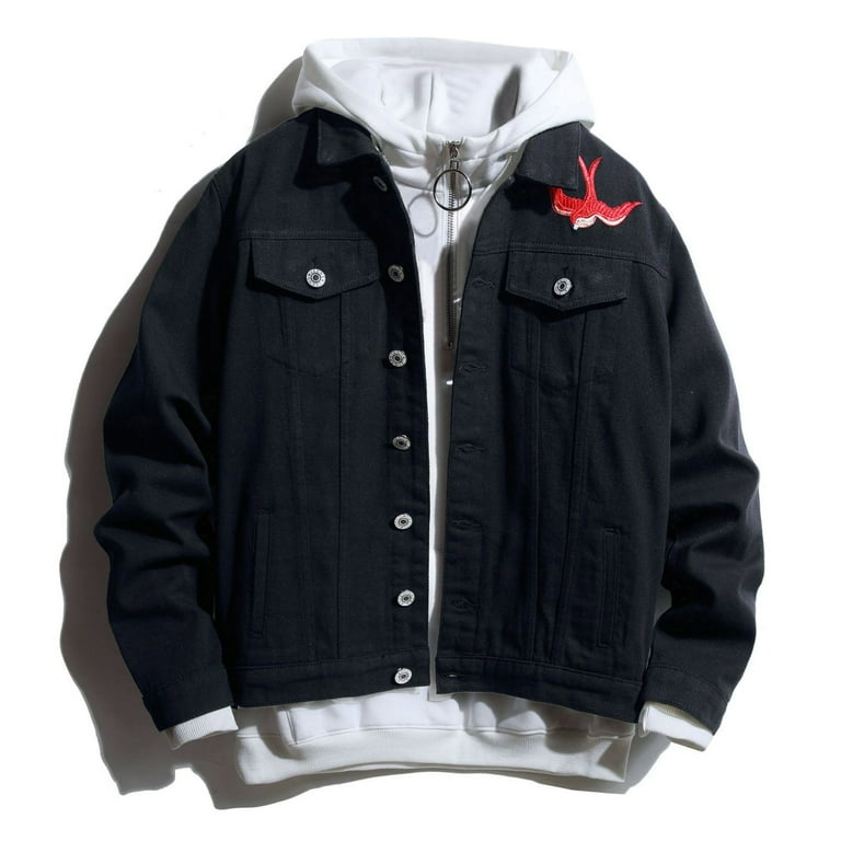 Yubnlvae Men s Oversize Black Denim Jacket Embroidery Lapel