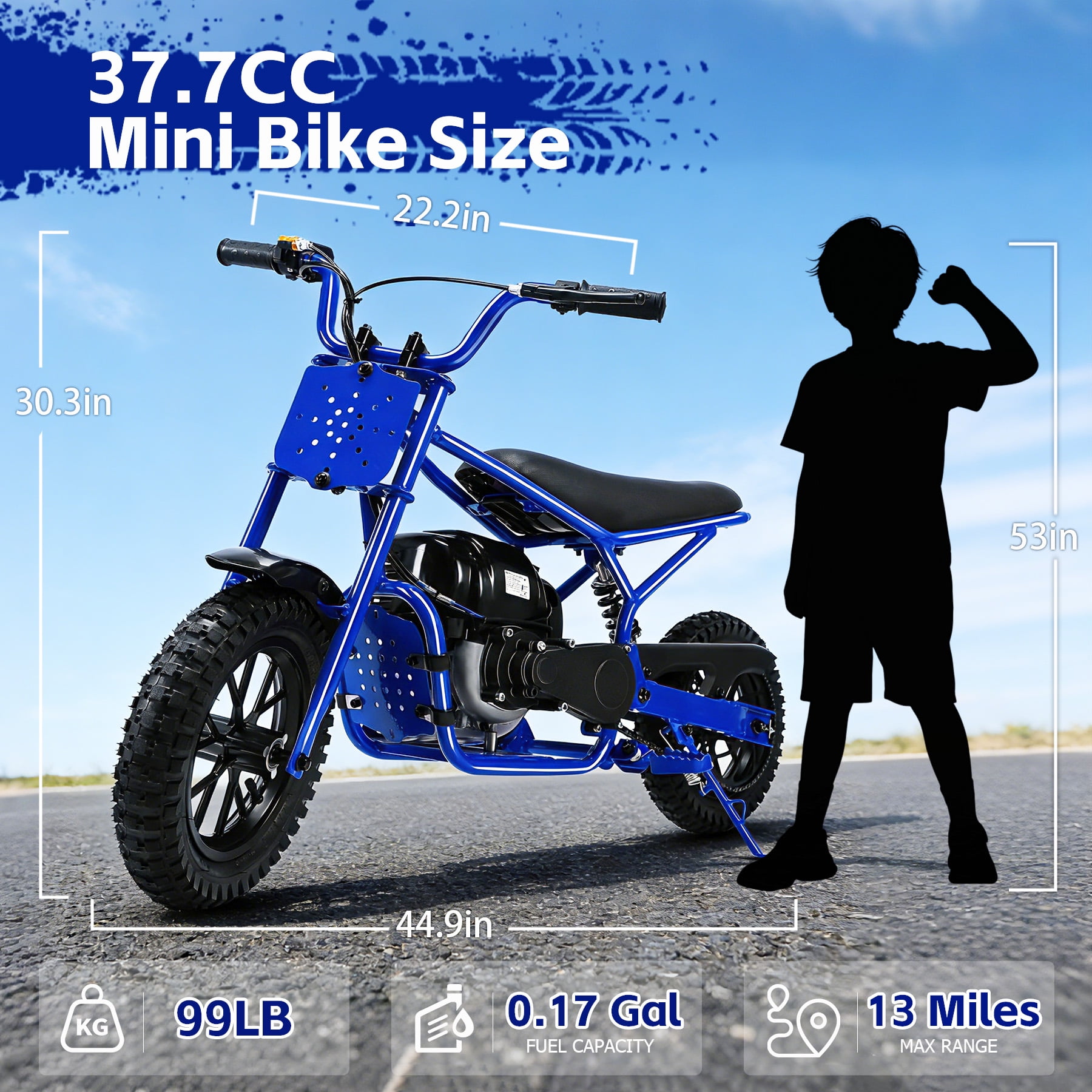 Oryxearth OGM37 Basic Mini Bike Gas Powered, 4-Stroke off Road Bike for Teens, Easy Pull Start, Blue