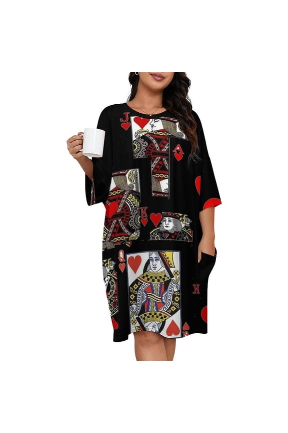BLACK COLOR CASINO SUITES HEARTS PATTERNS Sleepshirts For Sleeping Travels Loose Sleepdress Pajama Dress Soft Nightdress Sleepwear