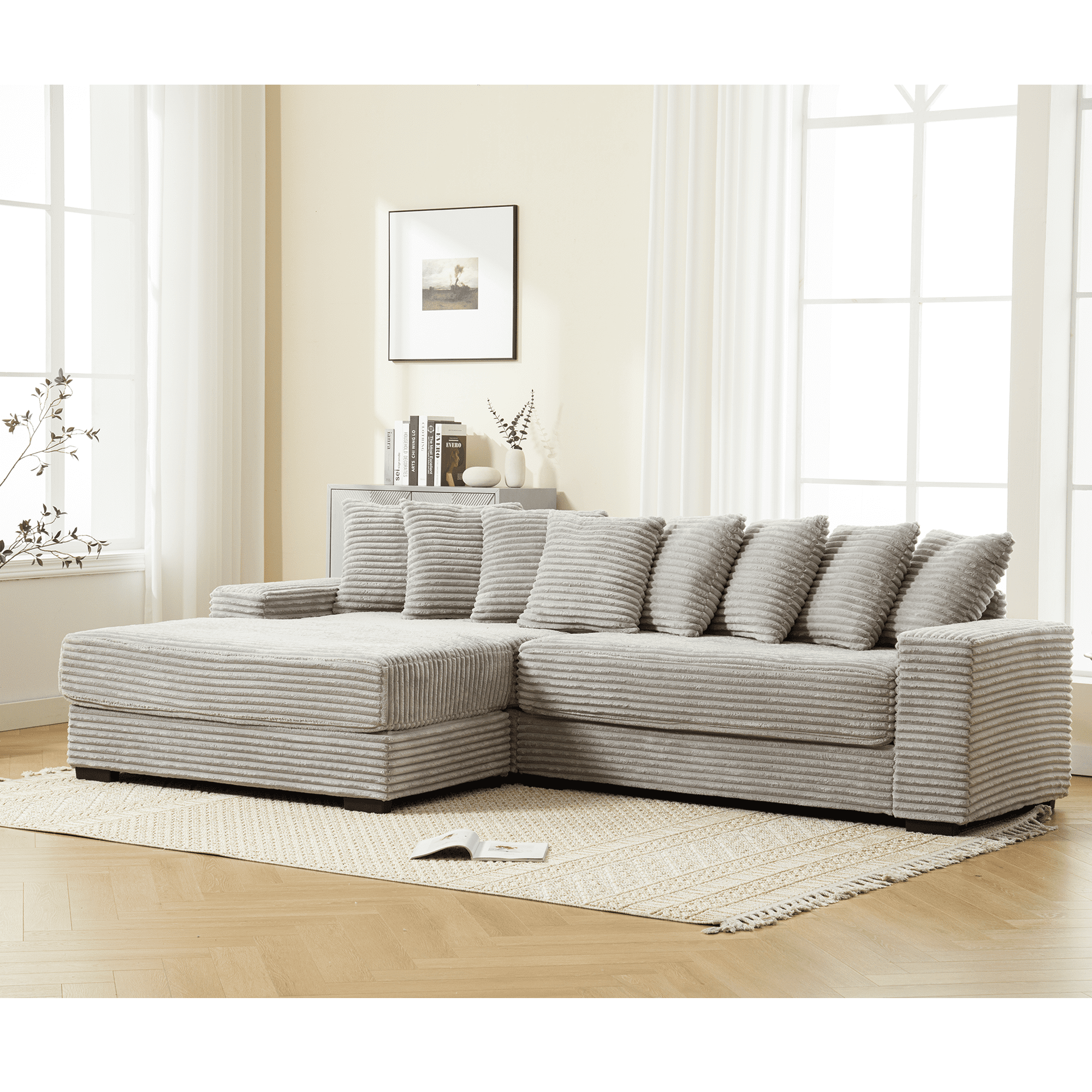 AISWORD 111" Oversized 3-Seat L-Shaped Sectional Sofa with Left Chaise, Luxury Corduroy Fabric Modular Couch with 8 Throw Pillows, Easy Assembly for Living Room
