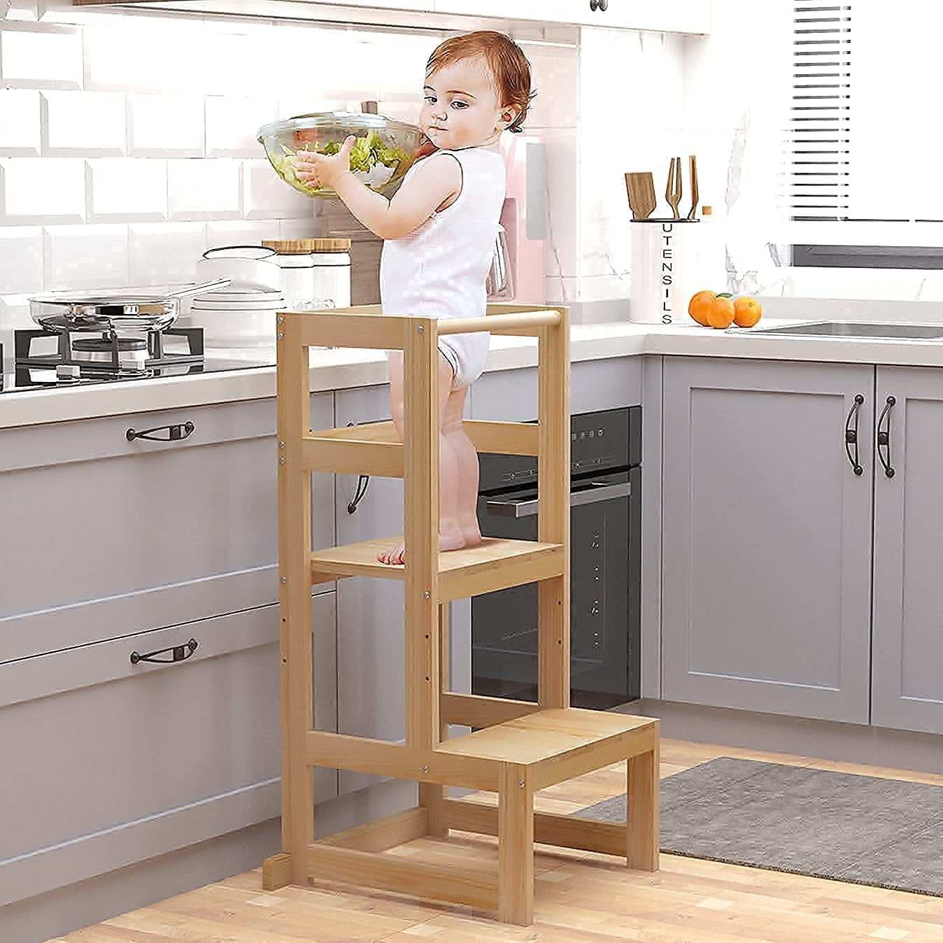 DTLI Kids Kitchen Step Stool Standing Tower for Counter & Bathroom Sink Safety Rail and Non-Slip Mats Kitchen Helper with 3 Adjustable Heights Natural Stable Solid Wood Construction 